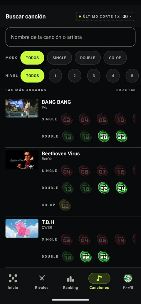 Buscador de canciones con filtros de modo y nivel
