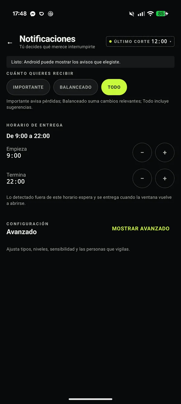 Pantalla de notificaciones de PIU Tracker con los presets y el horario de entrega